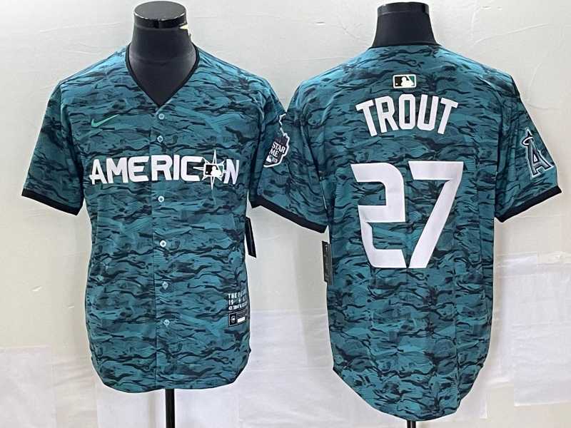 Mens Los Angeles Angels #27 Mike Trout Teal 2023 All Star Cool Base Stitched Jersey->los angeles angels->MLB Jersey